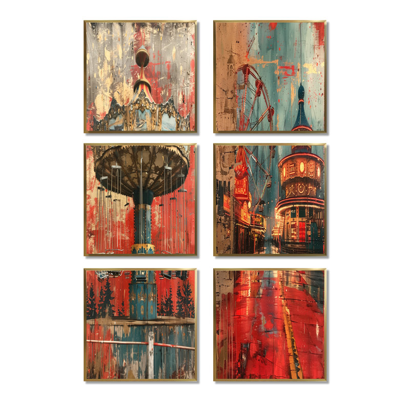Ensemble de 6 parcs d'attractions à carrousel rouge et bleu, Impression encadrée sans passe-partout, Doré