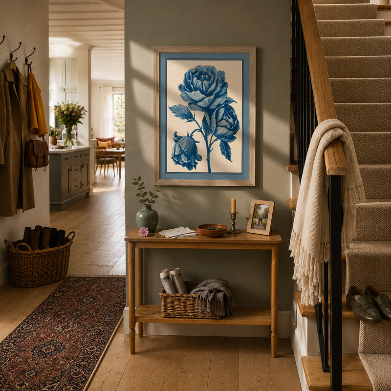 Rose in Blue Botanical - Framed Print, Oak, A3 - 42.0 x 29.7 cm