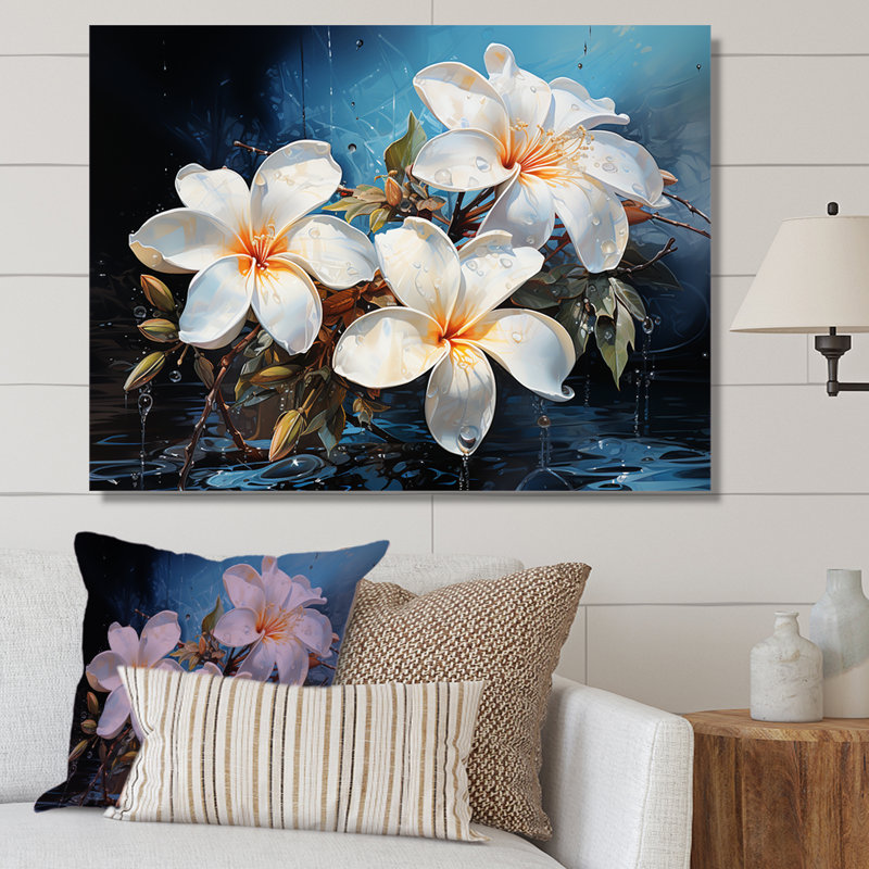Fleurs de plumeria baignées au clair de lune argenté I sur toile, Black Picture Framed, H 12 po x l 20 po