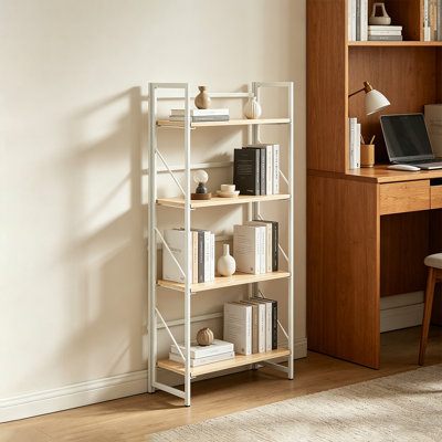 Bibliothèque pliante, bibliothèque industrielle pliante en bois à 4 niveaux avec structure en métal, sans assemblage