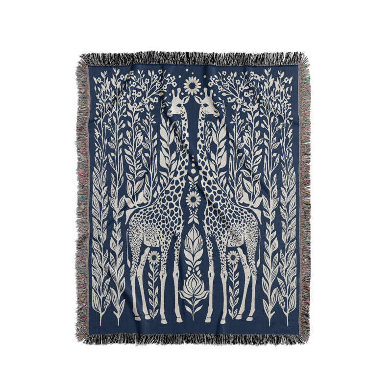 Jeté en mélange de coton Josu Giraffe, L 70 po x l 50 po, Bleu / Blanc cassé