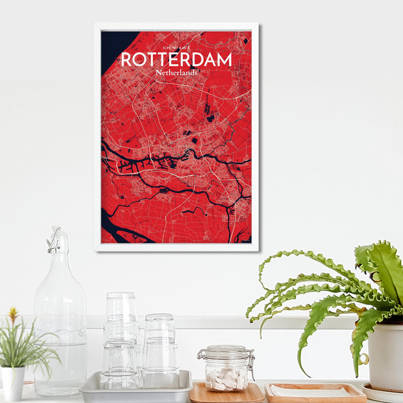 «Rotterdam City Map», impression, H 27,6 po x l 19,7 po, Rouge / Bleu marine