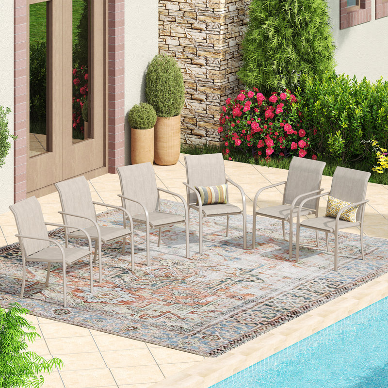 Rikelme Premium All-Weather Textilene Outdoor Stacking Dining Armchair, Sandshell/Sandshell, 6