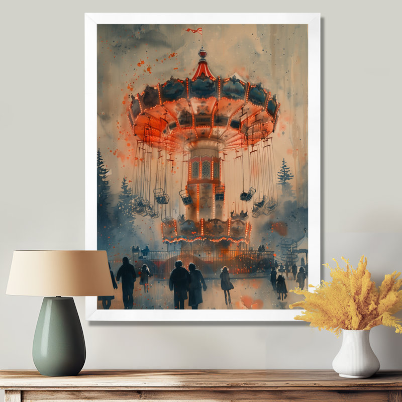  «Vintage Carousel Amusement Parks At Night - Amusement Parks Wall Art, Cadre simple blanc, H 30 po x l 40 po