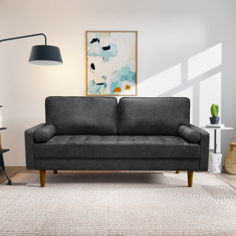 Aisha 70" Faux Leather Square Arm Loveseat, Charcoal Faux Leather
