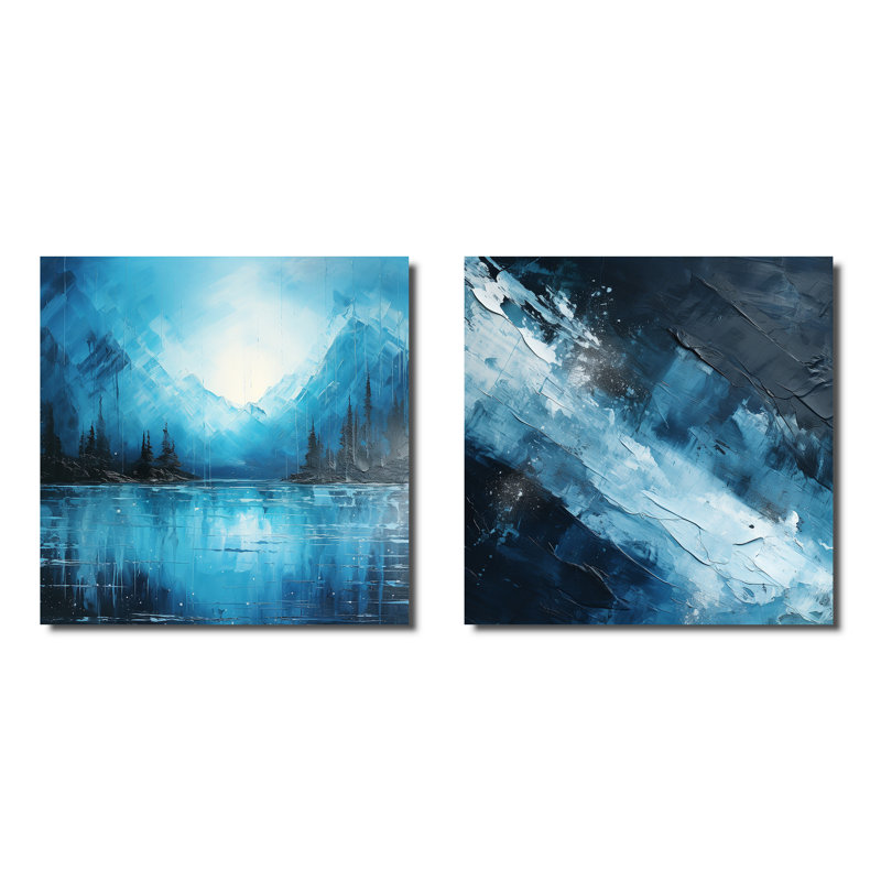 Northern Harmony Blue Sky - ensemble de 2 collages carrés de paysages abstraits, H 16 po x l 33 po, Toile tendue