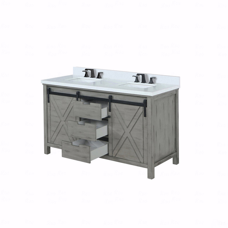 Ensemble de meuble-lavabo à double cuve 60 "de large x 22" de profondeur, comptoir en quartz blanc et robinet, Gris