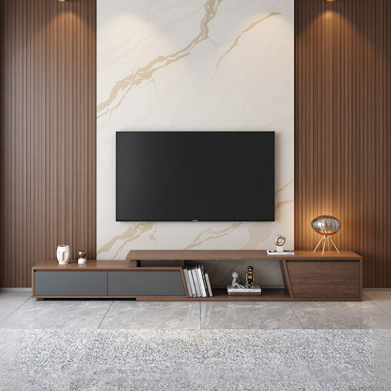 Walnut Extendable TV Stand for TVs Up to 120", Minimalist Rectangular Media Console with 3 Storage Drawers