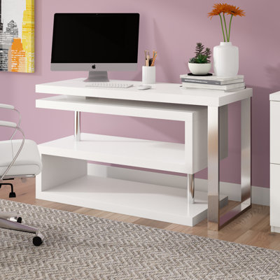 Pangea Home Santoni Fred Reversible Shape Desk – Swivel Desk – Convertible L-Shaped Writing Desk That Rotates Into a Wall Unit - Modern Writing Desk for Home Office, Study, or Workspace - High Gloss Lacquer Desk - White Modern Desk