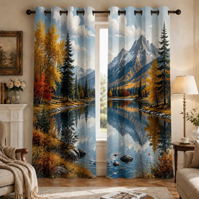 2Pcs Stunning Landscape Printed Curtains, Artistic Mountain Lake Scene with Autumn Trees, Vibrant Outdoor Scenery, Decorative Ring Top Sun Blocking for Living Room Bedroom for Home Dector