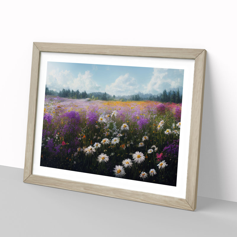Blissful Wildflowers Floral - Single Picture Frame Print, Black, 46cm H x 64cm W x 2cm D
