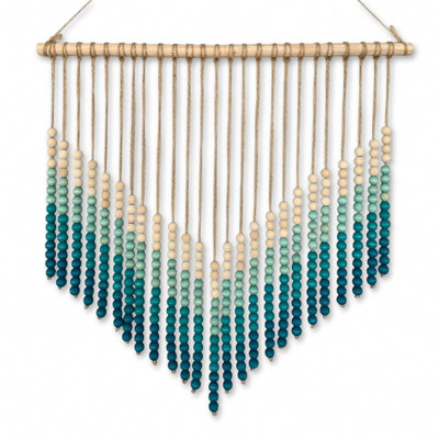 Décoration murale bohémienne avec perles de bois ombrées, décor d'art géant unique fait à la main (V côtier bleu, 24 pouces)