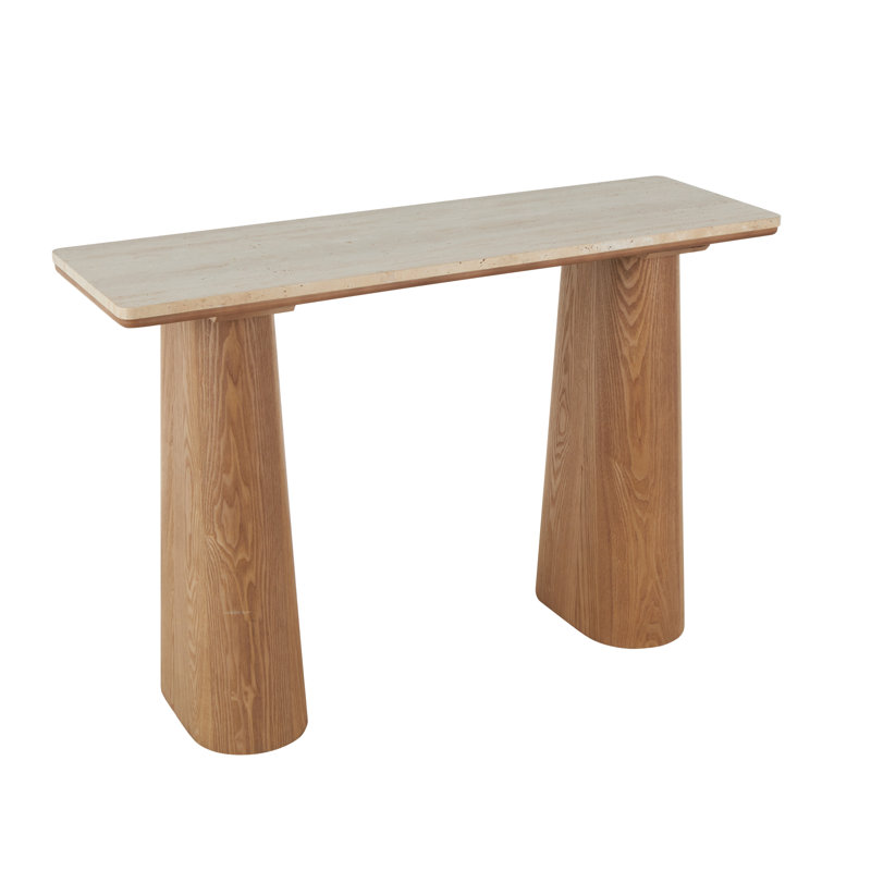 Cole And Grey Wood Console Table With Rectangle Beige Marble Tabletop
