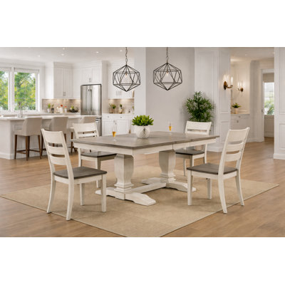 Conesha 5 - Piece Rectangle Extendable Solid Wood Double Pedestal Dining Set in White and Grey