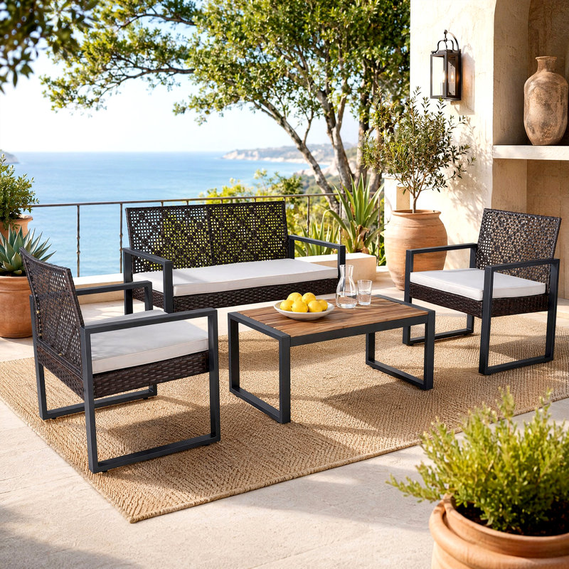 Ensemble de mobilier de patio 4 pièces avec table basse et coussin de siège, Brun