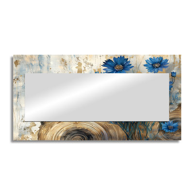 Aqua Cornflowers Flowers And Wooden Landscape II - Floral Mirror Wall Art - Printed On Metal
