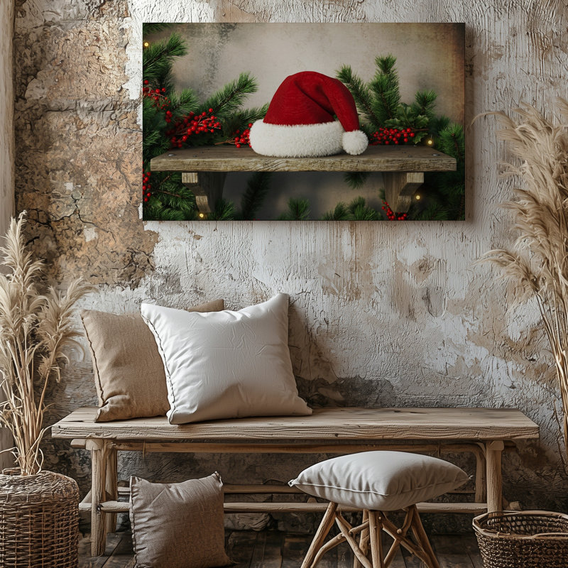 Toile une scène rustique douillette avec un art mural classique rouge et blanc, un chapeau de père Noël reposant sur une étagère en bois ornée d'une toile luxuriante moderne