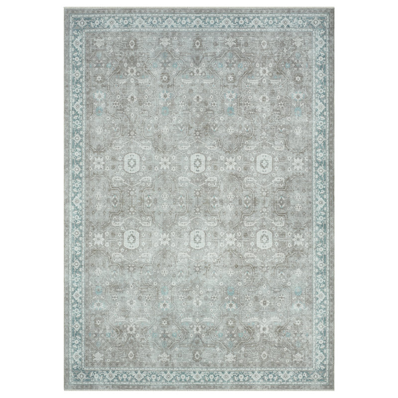 Aldora Harbor Teal Border Power-Loomed Cotton Area Rug, Rectangle 8'6" x 11'6"