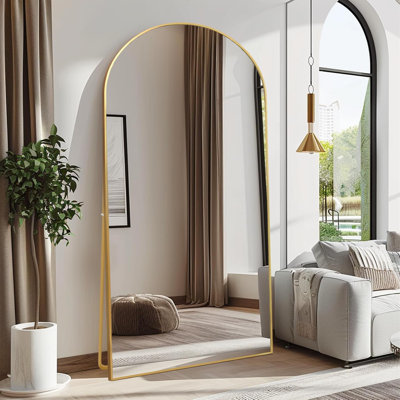 Grand miroir arqué pleine longueur 76 po x 34 po avec support, miroir mural noir pleine grandeur trempé, miroir pleine longueur à cadre en métal pour le salon, la chambre à coucher