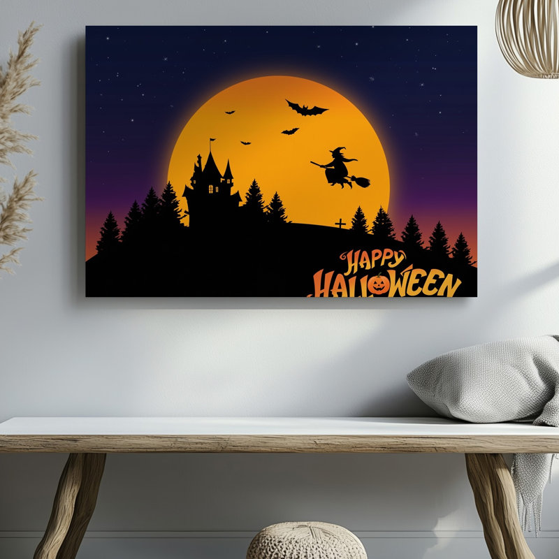 Toile, une scène d'Halloween effrayante avec un grand art mural orange brillant sur fond de lune contre un ciel dégradé foncé