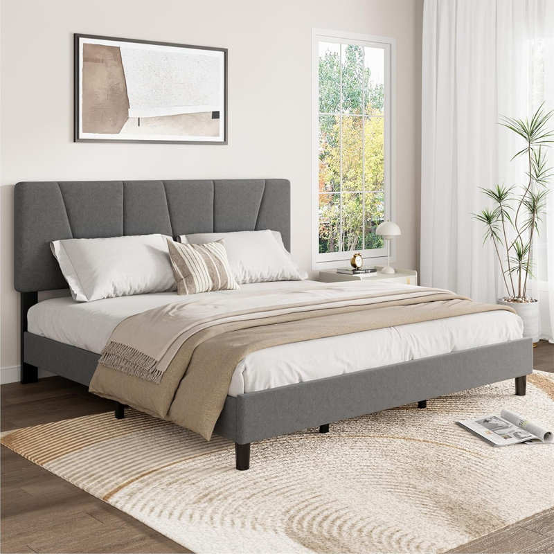 Très grande base de lit tapissier avec tête de lit réglable, lit plateforme en lin, gris, Gris, Très grand lit