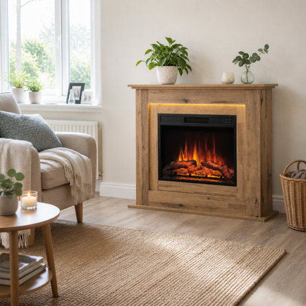A light wood electric fireplace suite with a glowing flame effect and ambient LED lighting, positioned in a cosy living room beside an armchair and a wicker basket.