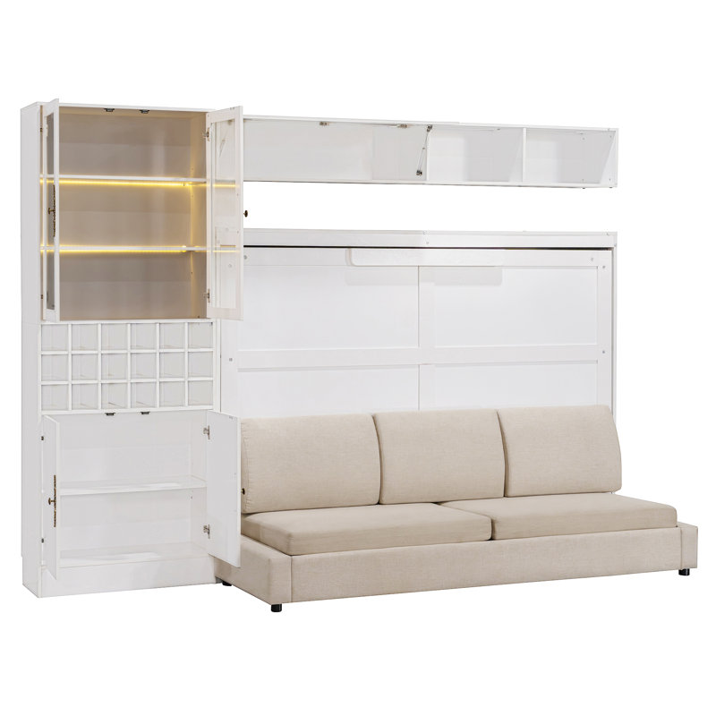 Lit escamotable mural avec canapé, tablettes USB et lumière Murphy, Double, Blanc