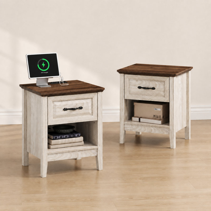 Bridgeport Farmhouse Nightstand Set With Storage and Charging Station (Set of 2), Beige