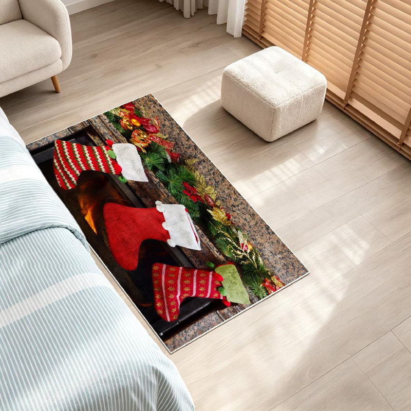 Tapis de Noël doré lavable à la machine sur un tapis d'intérieur, Rectangle 32 po x 47 po