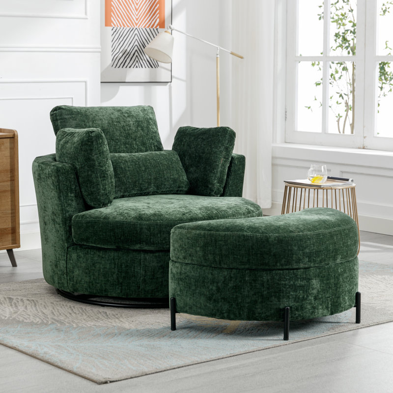 Green Chenille Swivel Barrel Chair with Ottoman