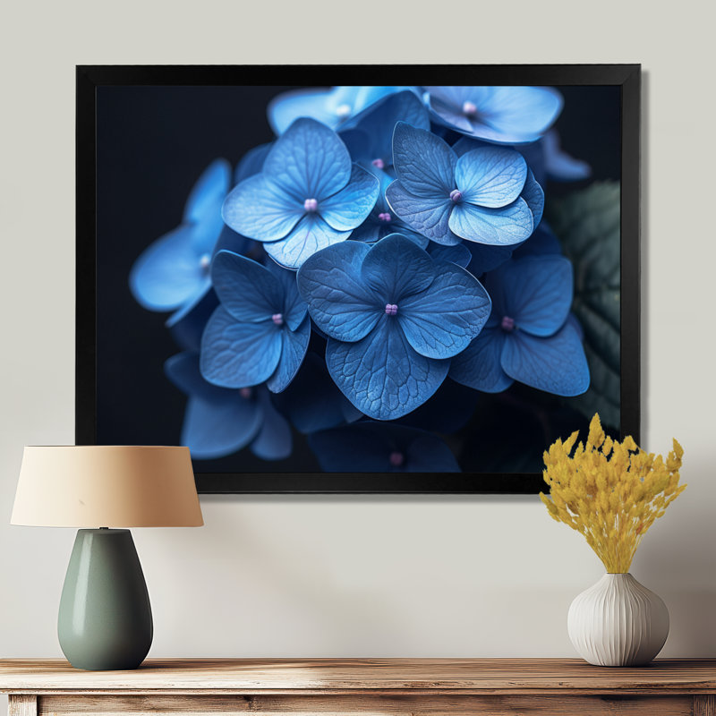 Nirvana bleu, bleu, hortensia, art mural, H 12 po x l 20 po, Cadre simple noir