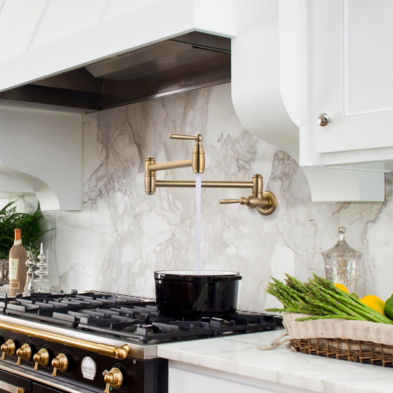 Wall Mounted Brass Pot Filler with 2 Handles, Gold
