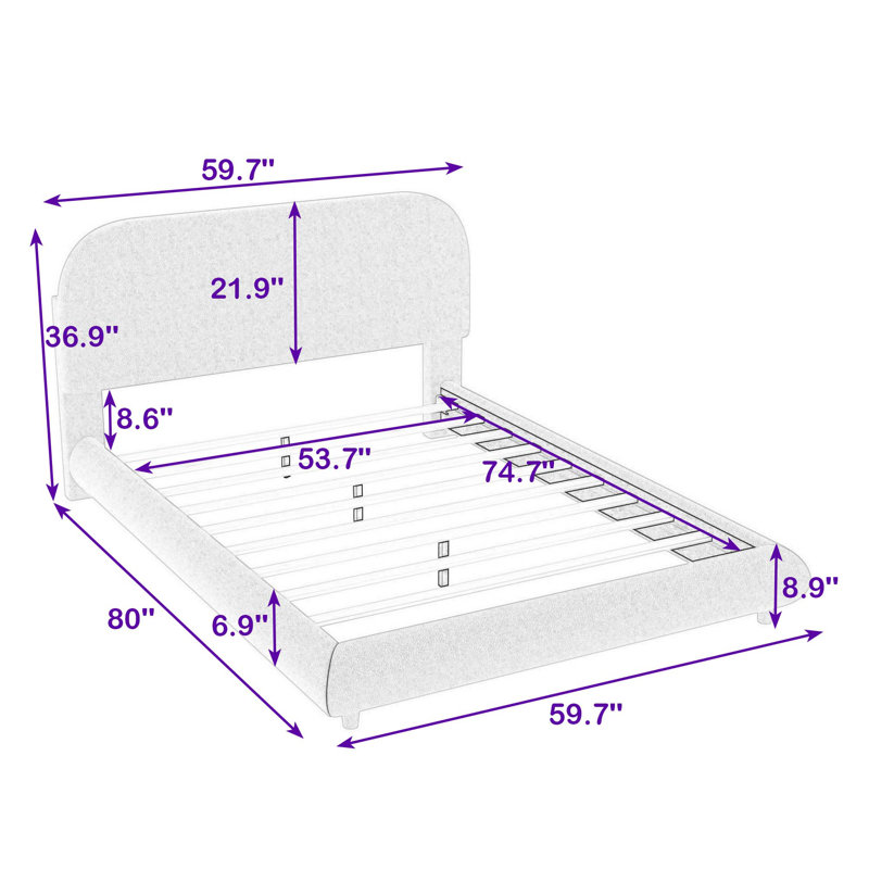 Luxurious Teddy Fleece Upholstered Platform Bed with Curve-Shaped Design, Full, Beige