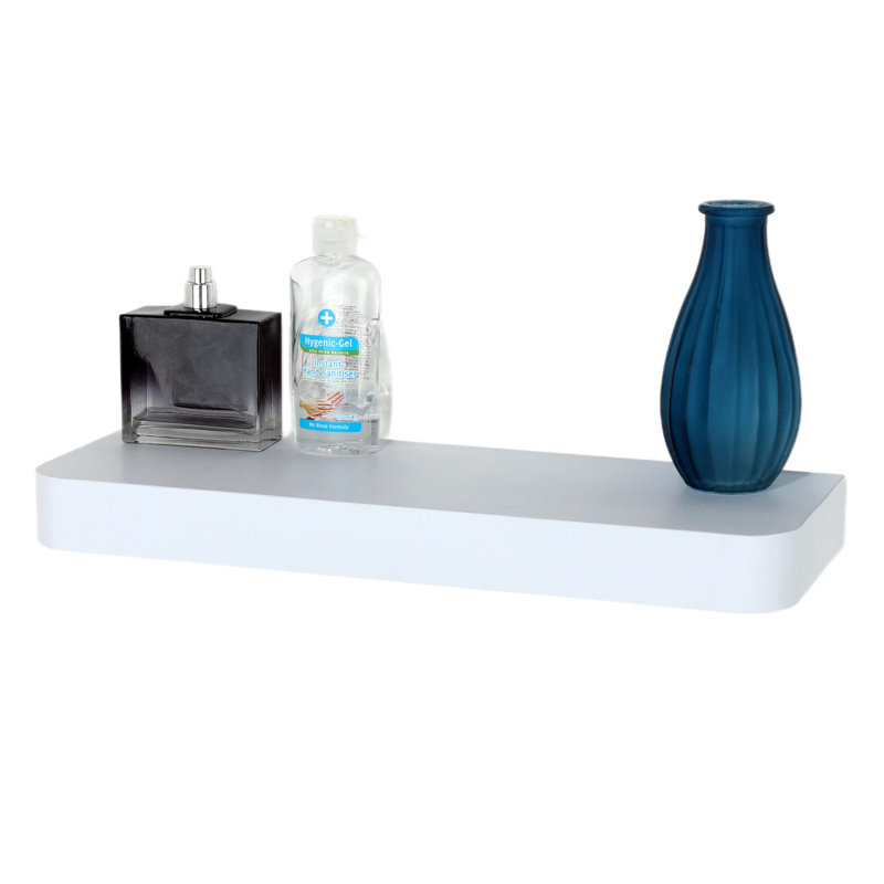 Floating Narrow Wall Shelf, Rounded Front Corners, Foiled Finish, 3.8 cm H x 80 cm W x 14.5 cm D, White