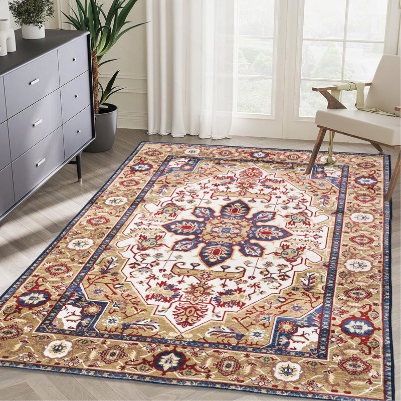 Area Rug Vintage Bohemia Large Persian Non-Slip Washable Rug For Living Room Kitchen Bedroom Living Room Flower Design