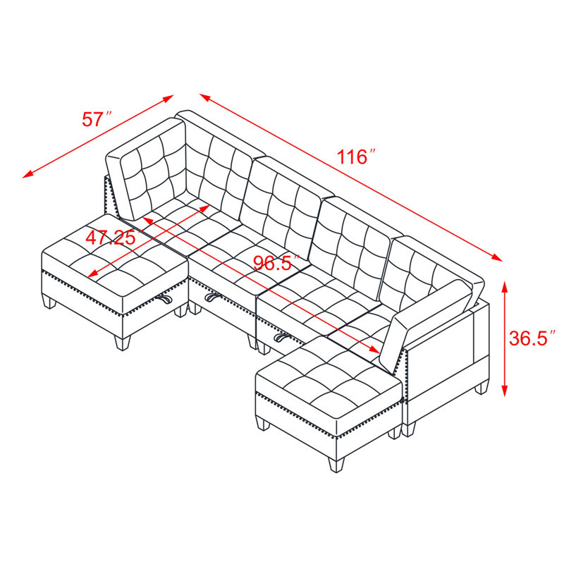 57" Wide Reversible Modular Seating Component Sectional with Ottoman,sectional sofa,sectional couch, Grey Chenille