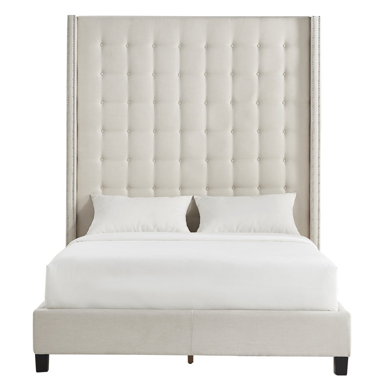 Kaster Upholstered Wingback Bed, Queen, White Linen