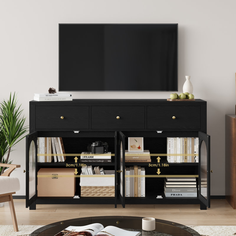 Bonnetta 55.1"W Modern Buffet Sideboard with Fluted Doors – Storage Cabinet with Drawers & Adjustable Shelves, Coffee Bar Console Table, Credenza for Living Room, Dining Room, Kitchen
