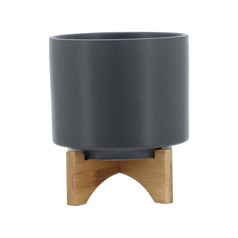 8" PLANTER W/ WOOD STAND, 9" H x 8" W x 8" D