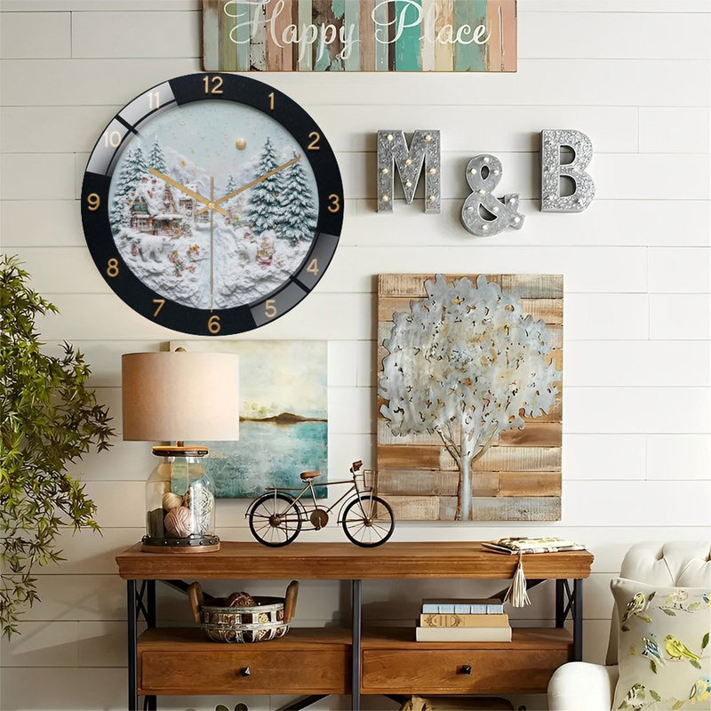 Clock-With-Winter-Village-And-Polar-Bears Art - 12‘’ Modern Glass Wall Clock