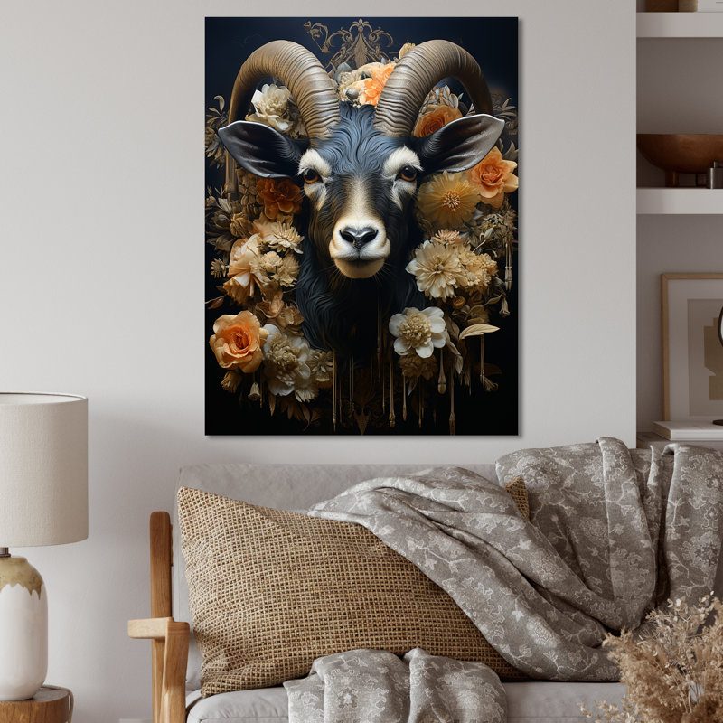 Illustration florale de chèvre mâle noir - art mural en métal animal de chèvre, H 40 po x l 30 po x P 1,5 po