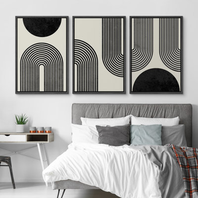 Spiral Parabolas & Solid Semi Circle Modern Neutral Black Wall Art Framed On Canvas 3 Pieces Print