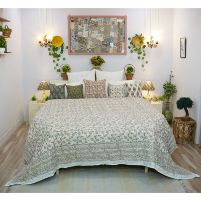 Fabdivine Luxury Block Print Cotton Quilt Floral Boho Bedding for Bedroom & Sofa