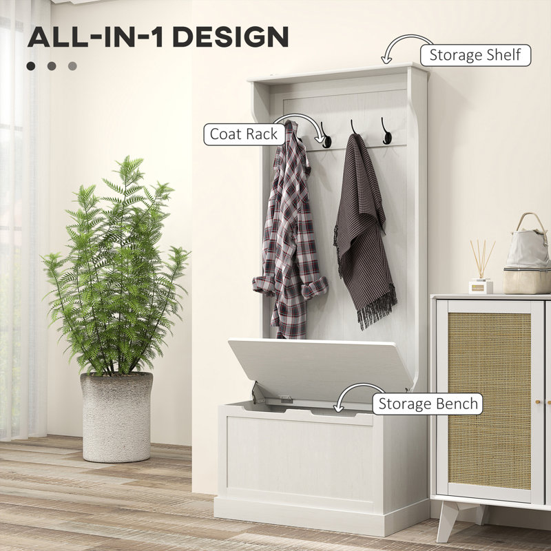3-In-1 Hall Tree With Shoe Storage, Standing Coat Rack With Shoe Bench, Entryway Organizer With Four Hooks, White