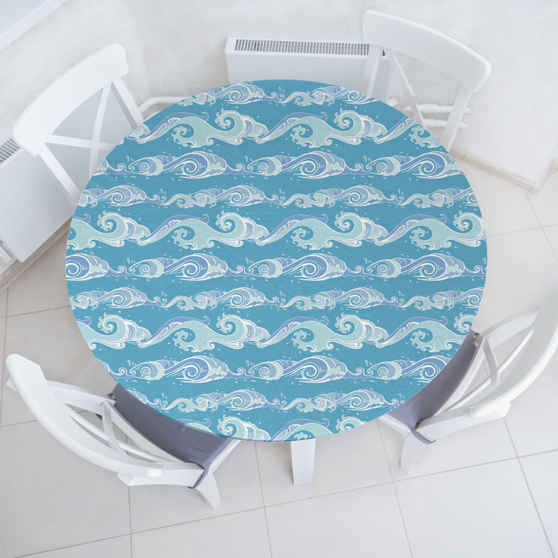 Winston Porter Nautical Fitted Round Tablecloth 45"- 56" Diameter Sea Blue Pale Teal, 47.24" Round