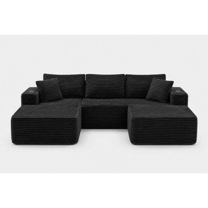 108" Left Hand Facing Corner Sectional With Chaise And Ottoman Corduroy Upholstered Compression L-Shaped Sofa, Black Corduroy