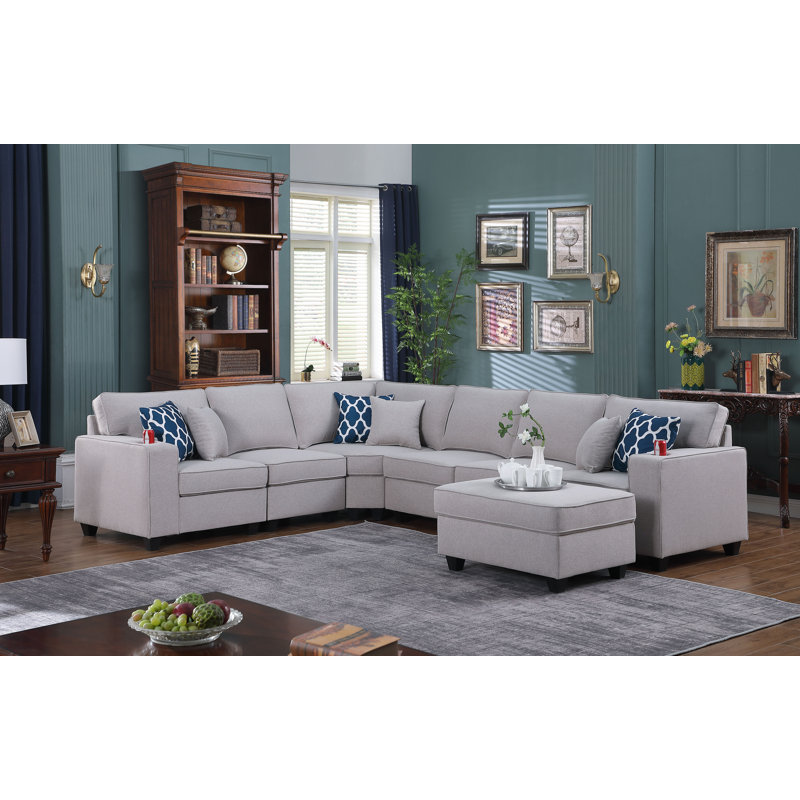 125" Wide Modular Sofa with Ottoman, Linen, Light Gray