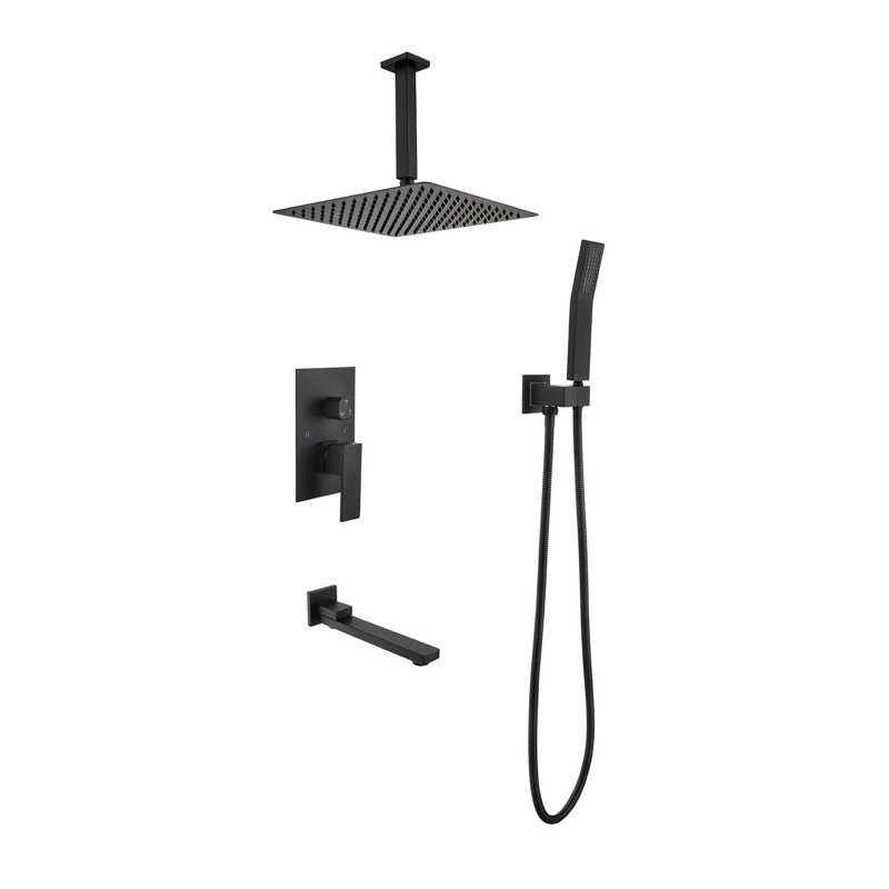Matte Black Shower System Combo with 16 Inch Rain Shower Head, Handheld Shower and Tub Spout - High Pressure Brass Bathroom Fixture