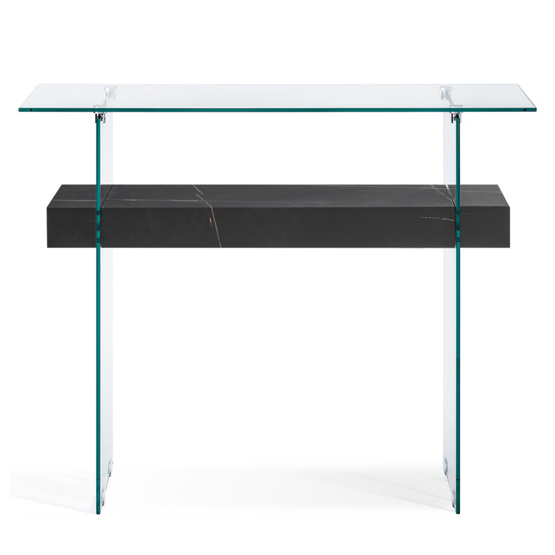 Console en verre trempé avec tablette, Marbre noir, H 31,5 po x l 39,4 po x P 13,8 po