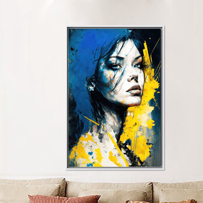Portrait de femme, art moderne, art bleu et jaune, toile abstraite, art mural sur toile, art mural de salon,
